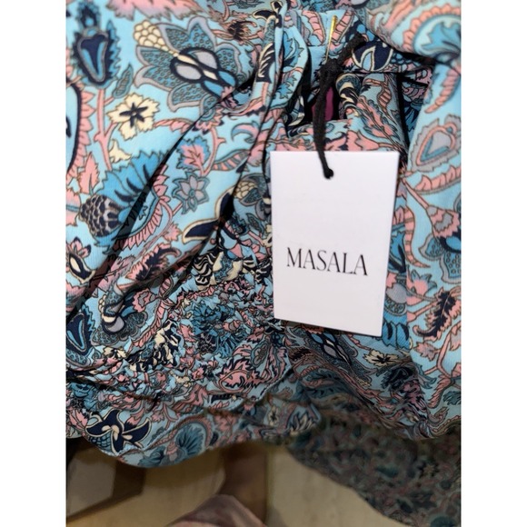 Masala Maxi dress W a blue and white floral V-neck Long-fit sleeves SZ L - Picture 14 of 15